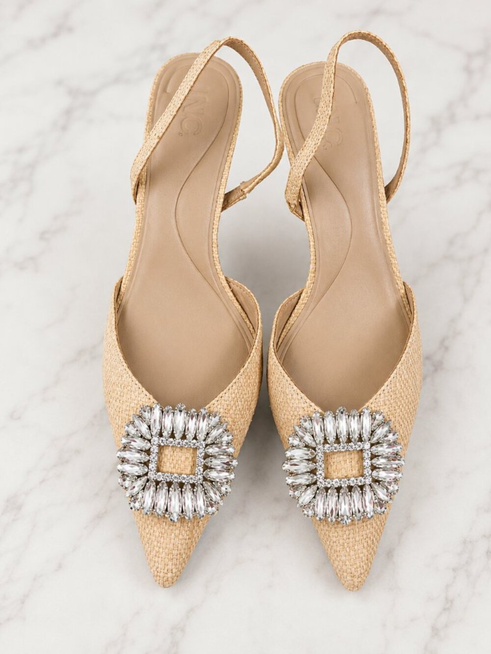 Elegant beige woven sling-back high heels with crystal buckles